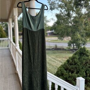 Vintage Forest Green Fit to Flare Maxi Dress with Embossed Floral Pattern